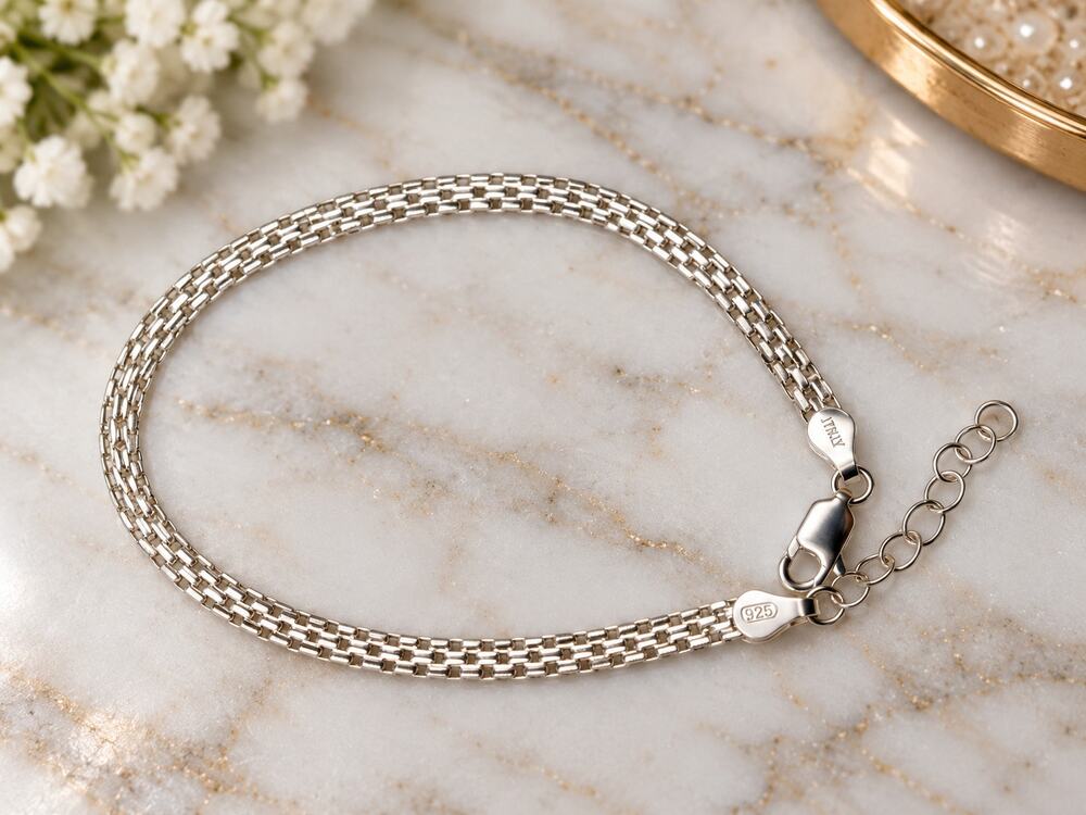 Italy 925 Sterling Silver Bismark Mesh Chain Bracelet Lobster Clasp 7"